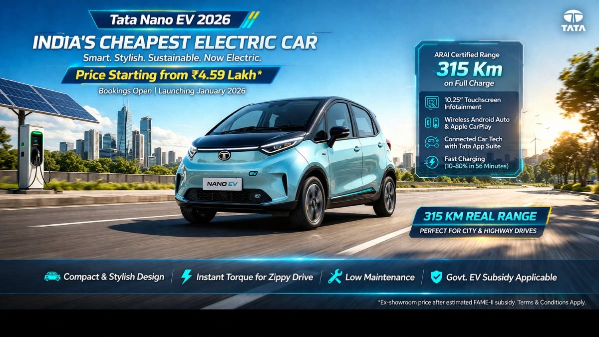 Tata Nano EV 2026: India’s Cheapest Electric Car with 315 Km Range, Smart Features and Price Starting from ₹4.59 Lakh